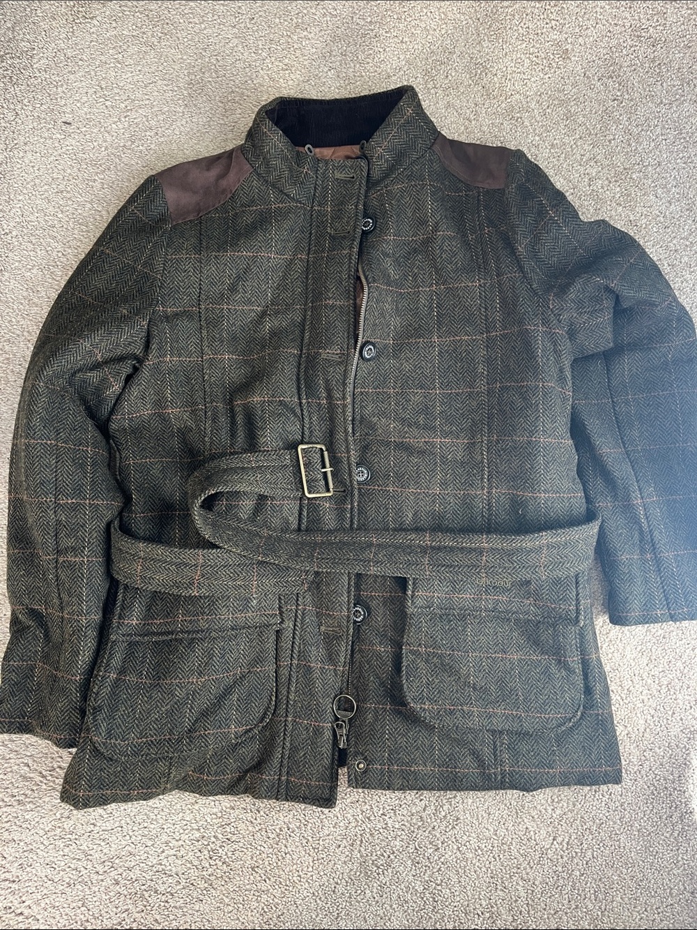 Barbour Olive Herringbone Belted Trench Coat with Brown Shoulder Patches